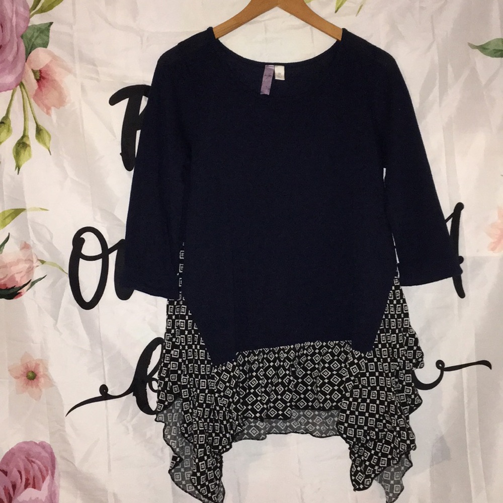 Dark blue with white designed on blouse